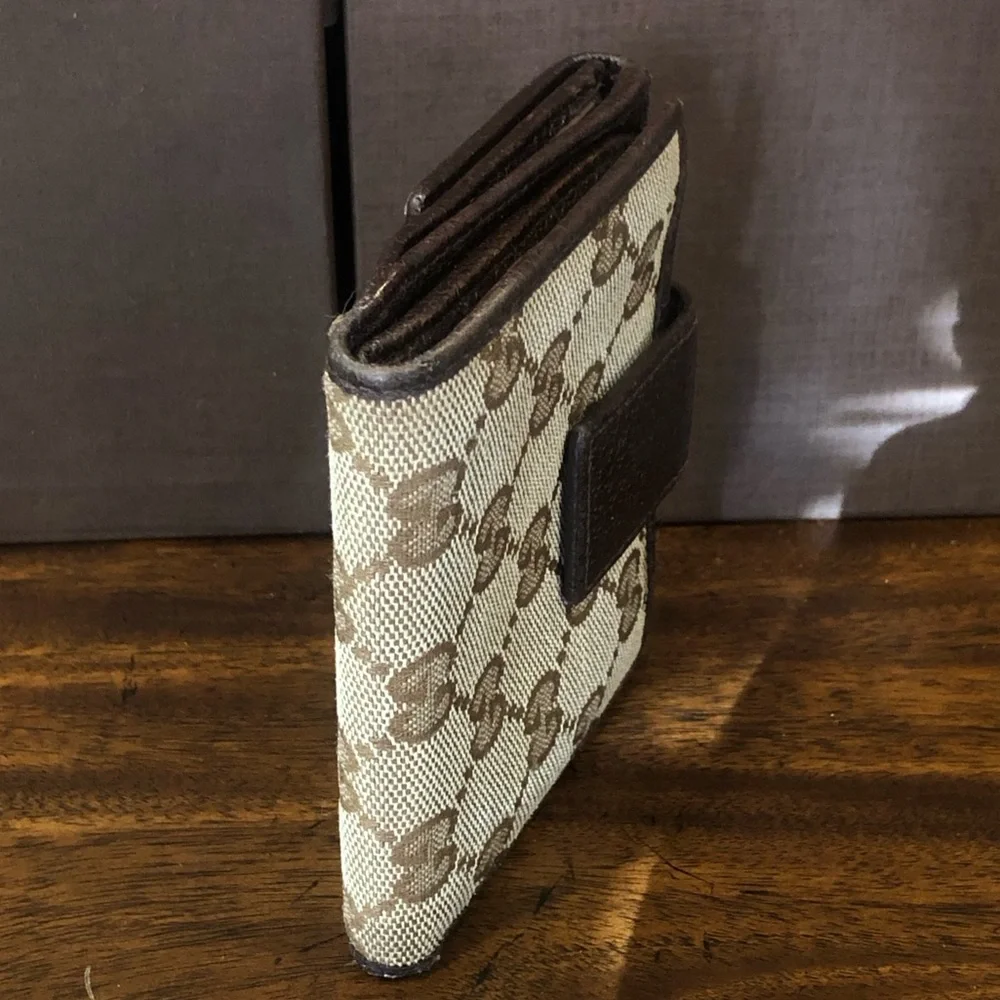 GUCCI GG Web Monogram Brown Leather Tan Canvas Trifold Wallet